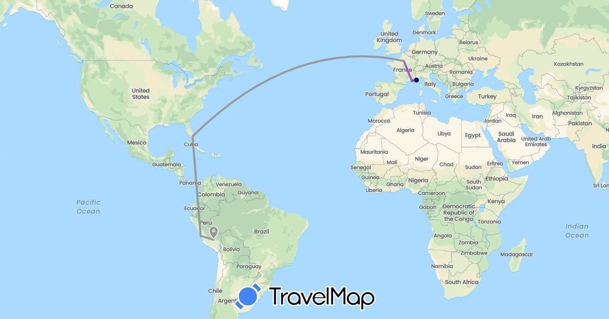 TravelMap itinerary: driving, plane, train in France, Peru, United States (Europe, North America, South America)